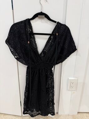 Black Crochet V-Neck Swim Coverup